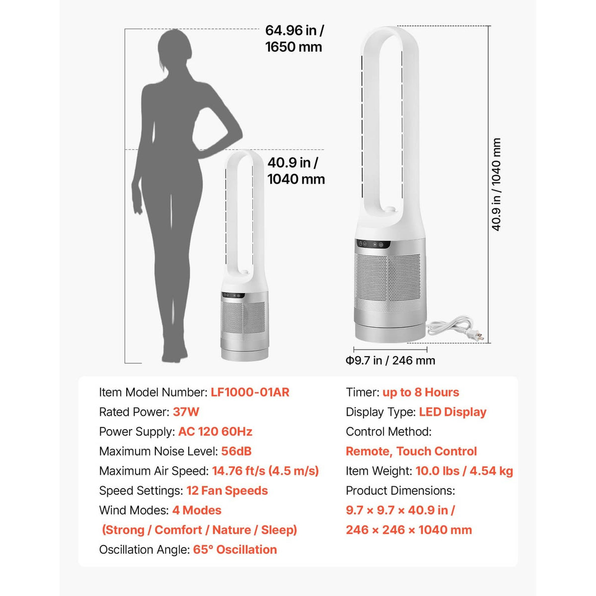 White bladeless tower fan size diagram with height and width measurements