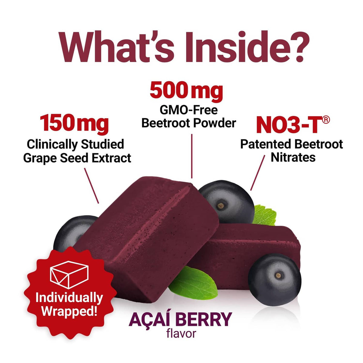 Beet supplement graphic with açaí berry flavor, grape seed extract, and beetroot powder