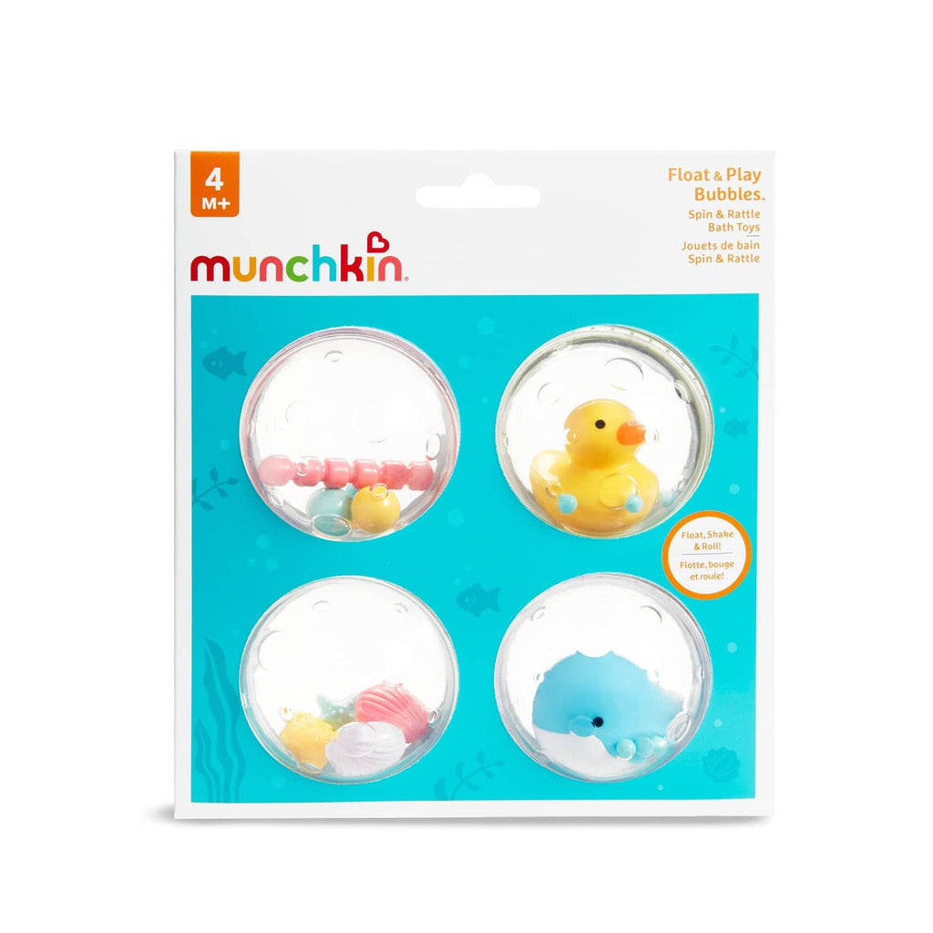 Munchkin Float & Play bubble bath toy set box showing four clear float pods