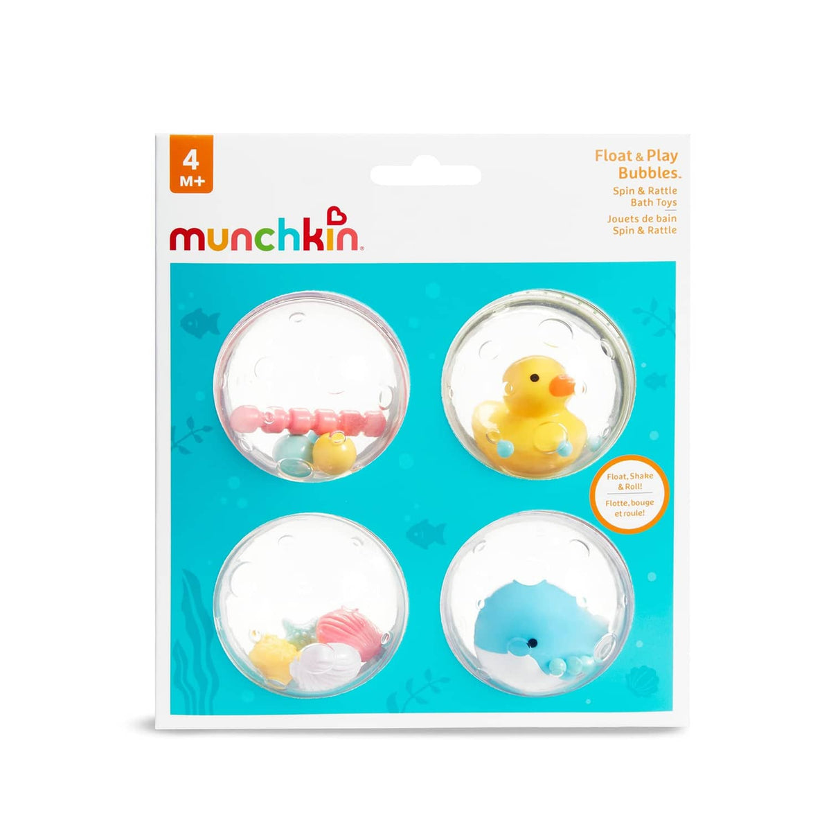 Munchkin Float & Play bubble bath toy set box showing four clear float pods