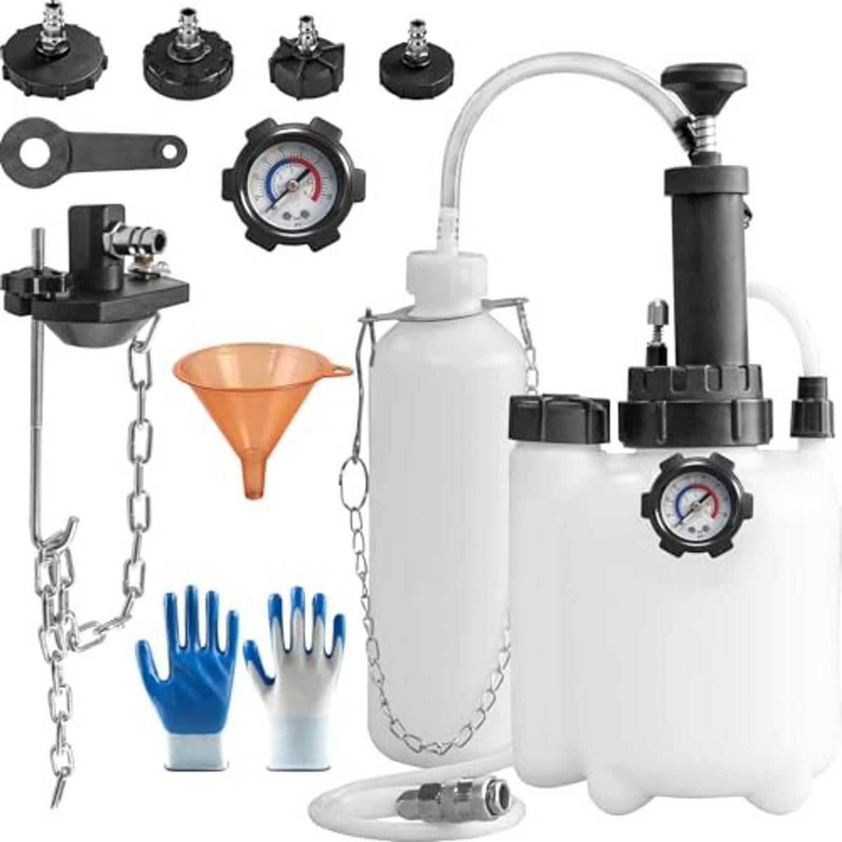 Brake bleeder vacuum pump kit with pressure gauge, hose, adapters, funnel, and gloves