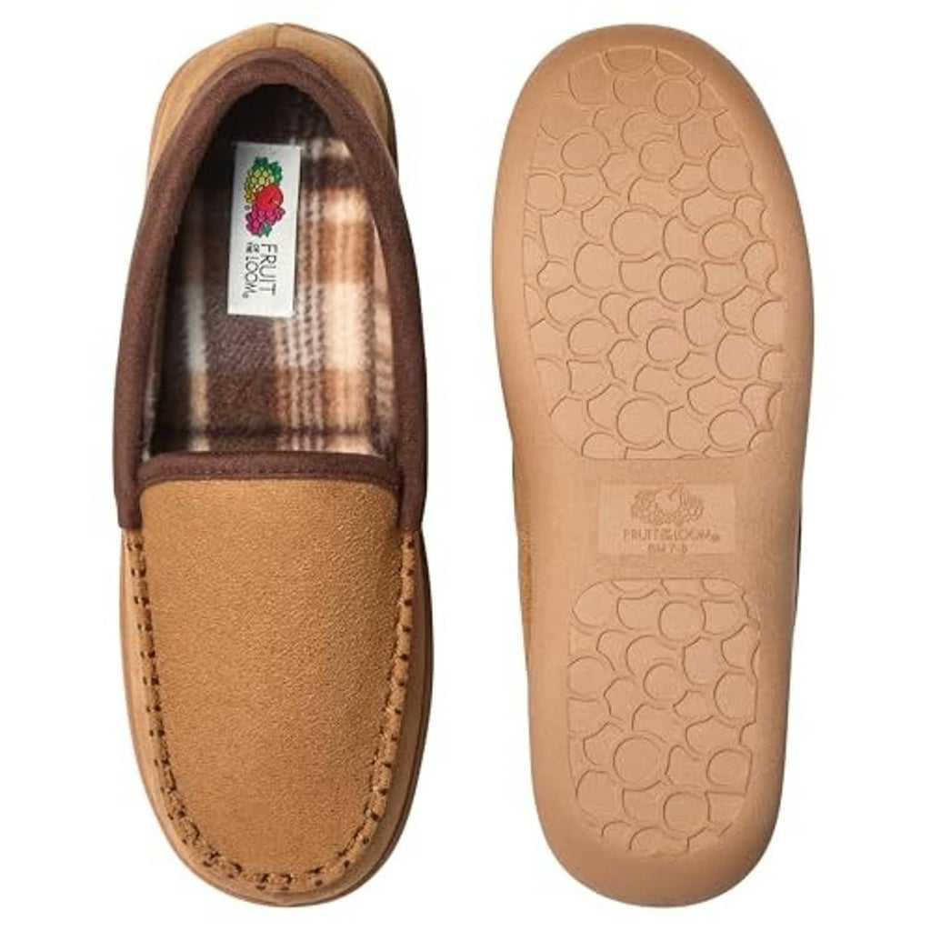 Tan slippers showing top opening and textured outsole with embossed pattern