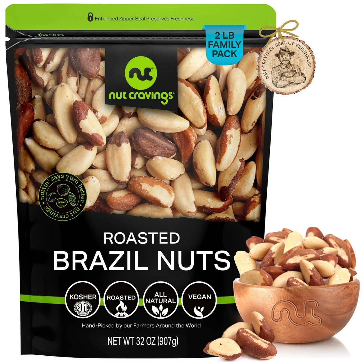 Roasted shelled Brazil nuts pouch, 32 oz, with mixed nut pieces shown.