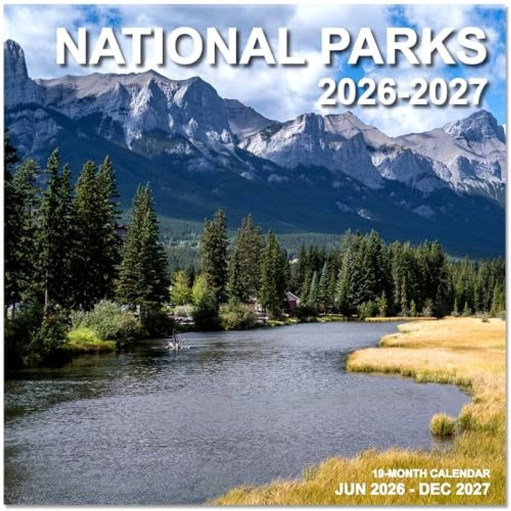 National Parks wall calendar cover, 2026–2027, showing mountain landscape and title text.