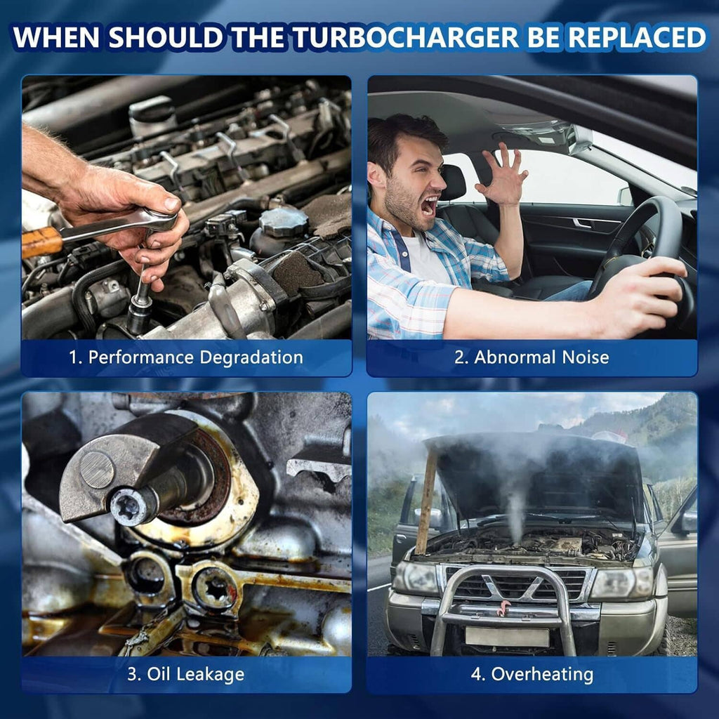 Turbocharger replacement warning collage with engine service and driving noise scenes