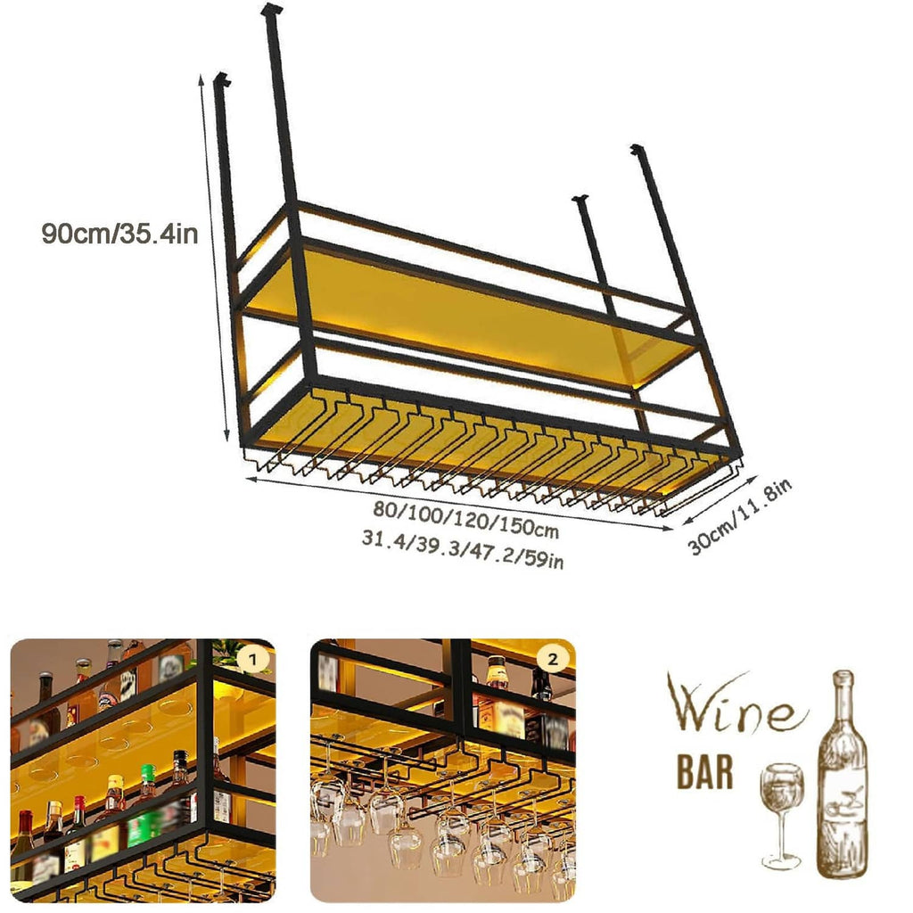 Ceiling hanging wine glass rack with metal frame and acrylic shelf, shown with measurements