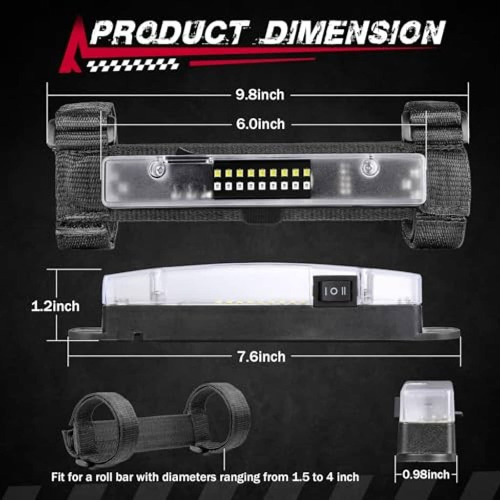 UTV roll bar dome light with clear lens and black straps, compact rectangular light bar