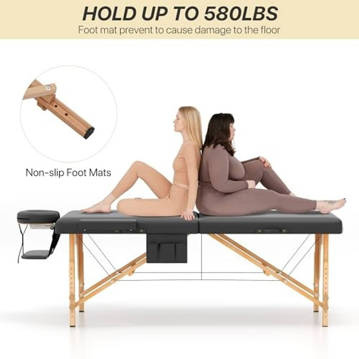 Black foldable massage table with non-slip foot mat and blue-cushioned top