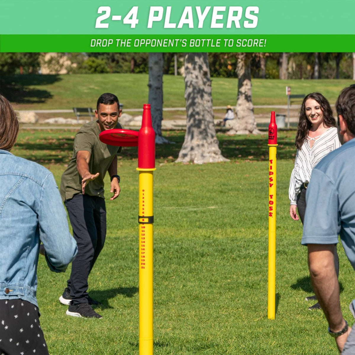 Tipsy Toss game poles with bottle units, shown upright in a yard play setup