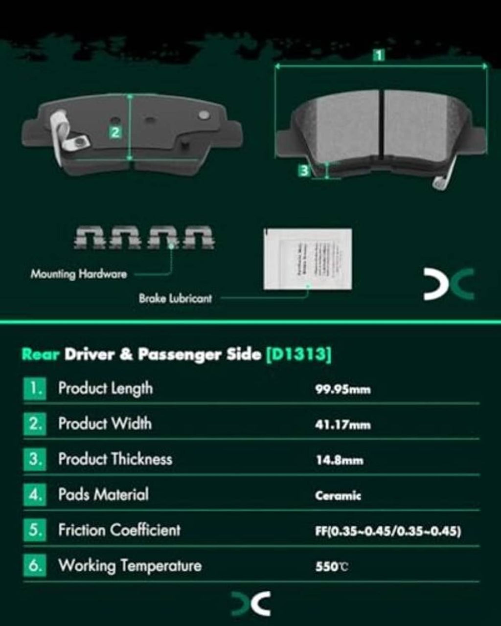 Gray ceramic rear brake pad diagram with mounting area and hardware