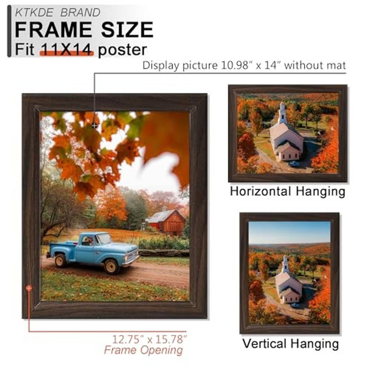 Walnut frame size for 11x14 display, dark brown, supports horizontal and vertical hanging