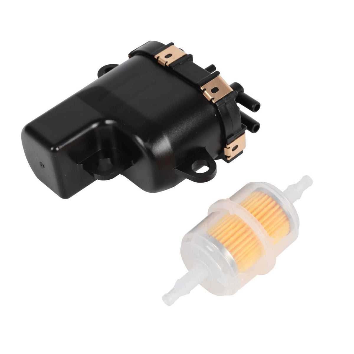 Black fuel pump module with copper terminals and clear inline fuel filter