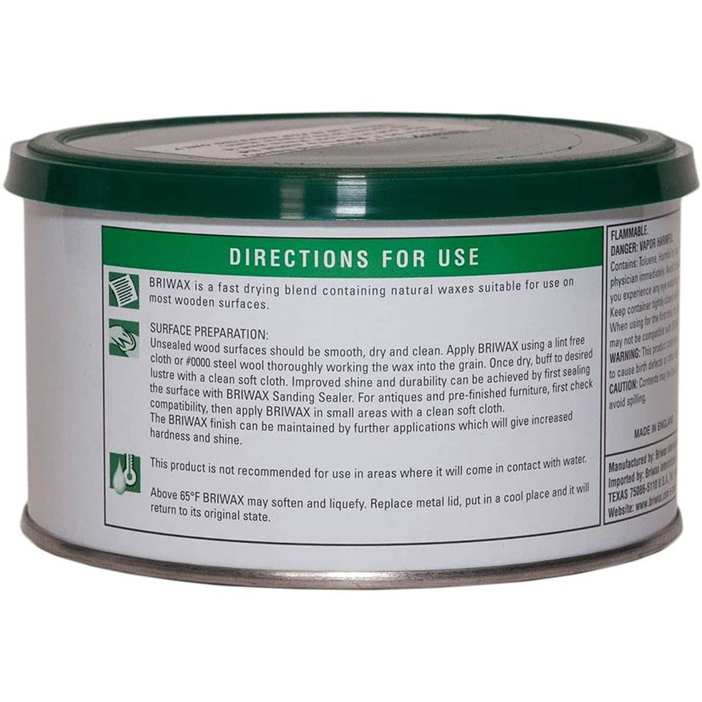 Dark brown furniture wax tin back label with directions and safety info, green lid