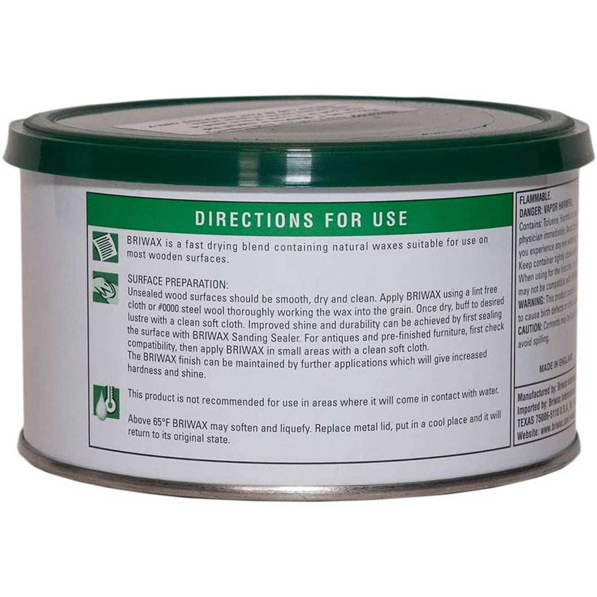 Dark brown furniture wax tin back label with directions and safety info, green lid