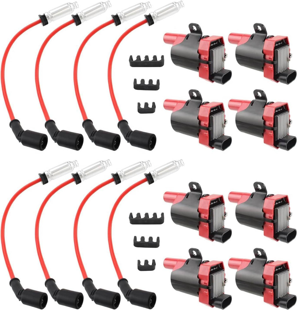 Ignition coil spark plug wire set with red wires and coil packs, black connector caps