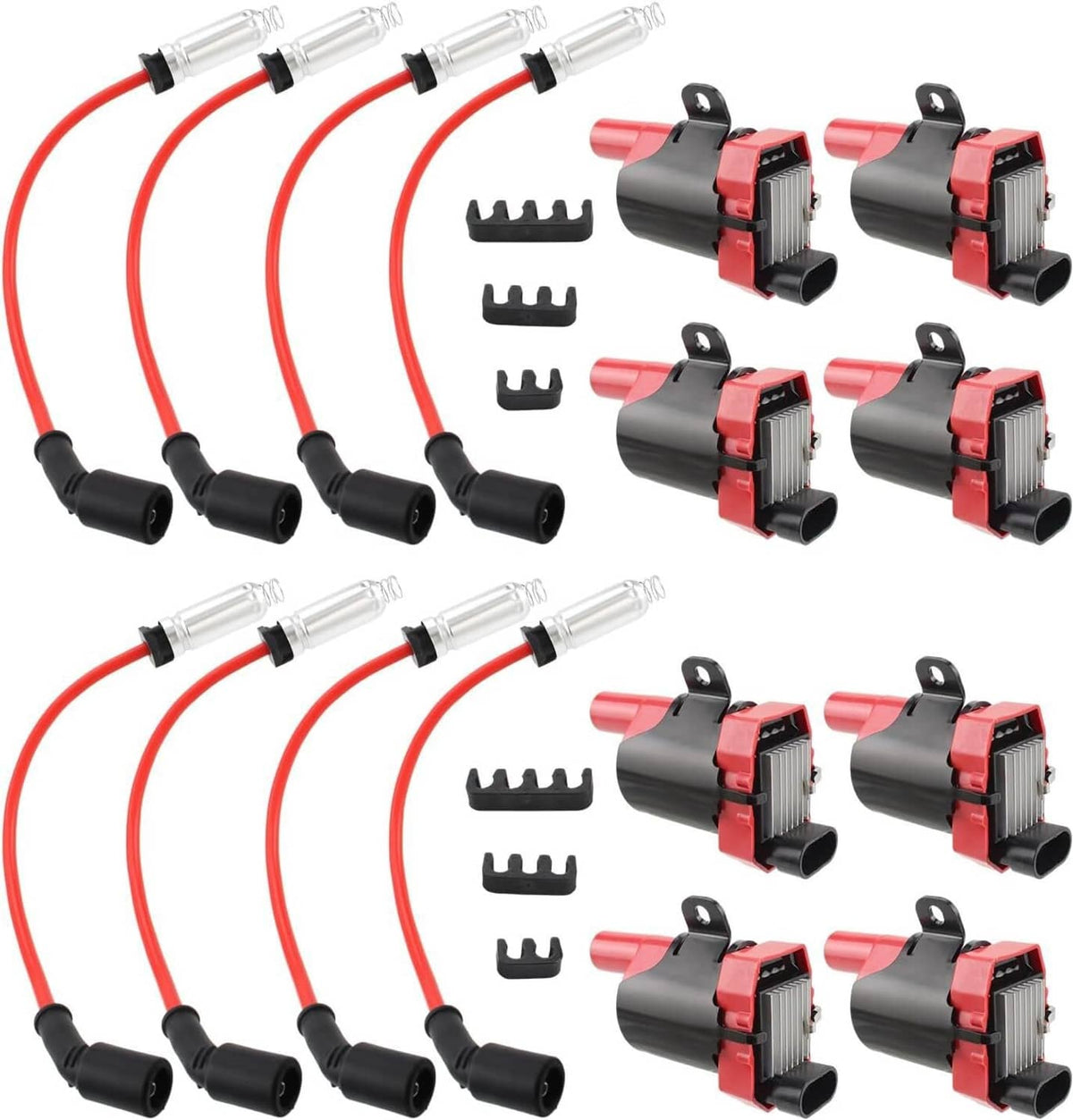 Ignition coil spark plug wire set with red wires and coil packs, black connector caps