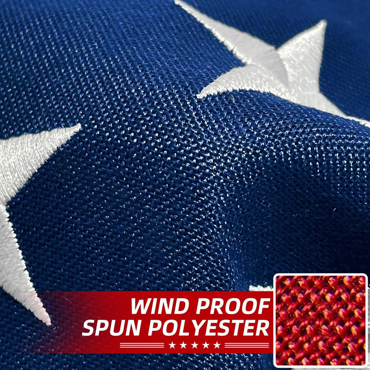 American flag fabric close-up with white stars on deep blue field