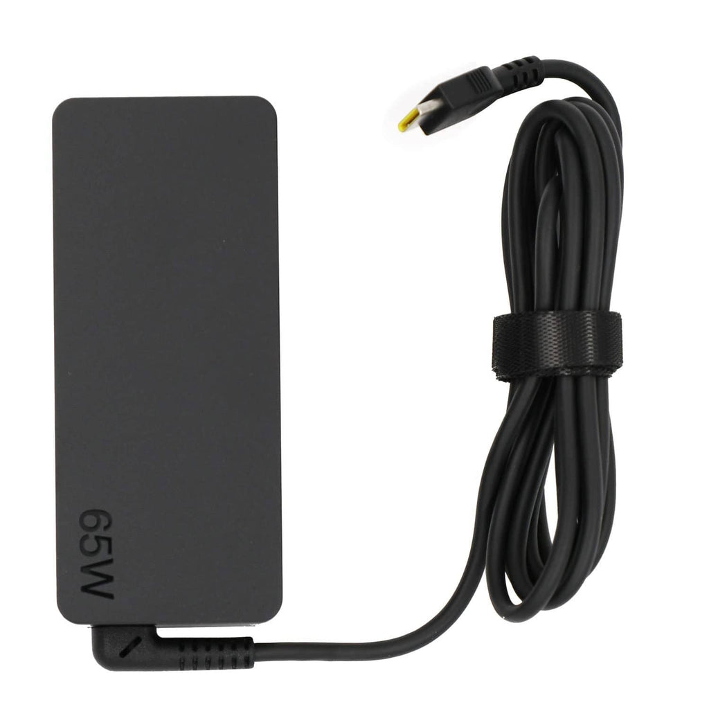 Black 65W laptop charger with USB-C plug and bundled power cord