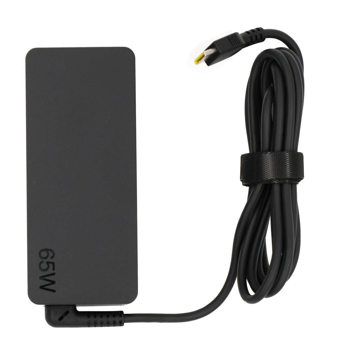 Black 65W laptop charger with USB-C plug and bundled power cord