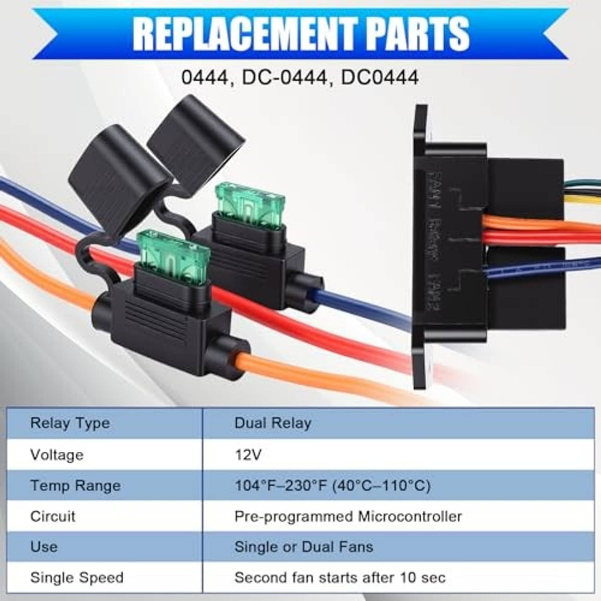 Dual-relay radiator fan controller replacement parts with microcontroller and fuses