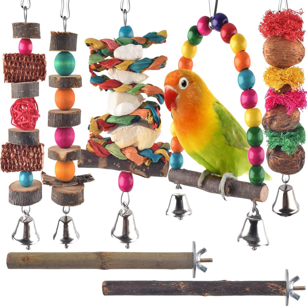 Set of hanging bird chew perches with wooden blocks, colorful beads, and bells