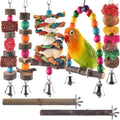 Set of hanging bird chew perches with wooden blocks, colorful beads, and bells
