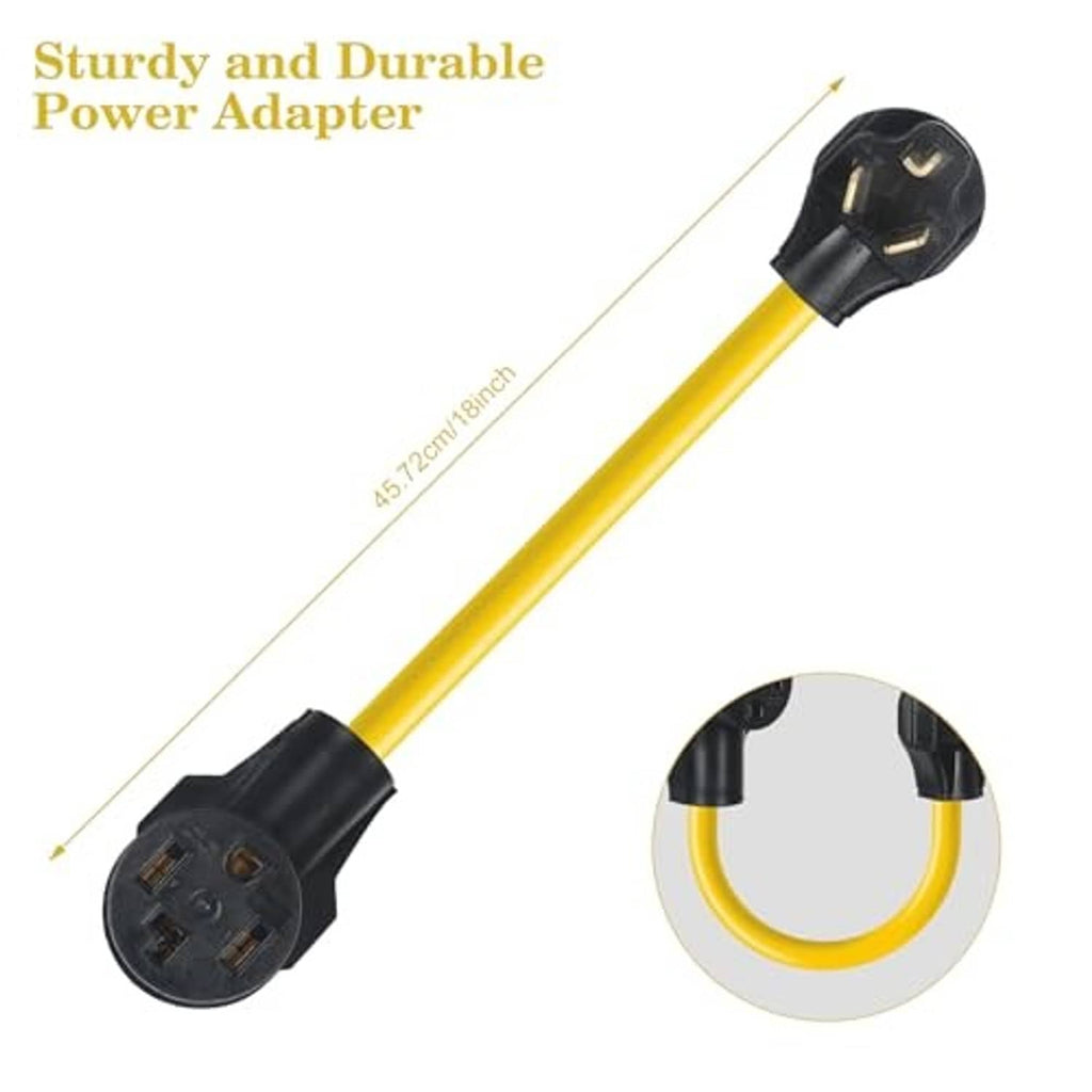 Long yellow adapter cable with black NEMA 10-30P and 14-30R connector plugs
