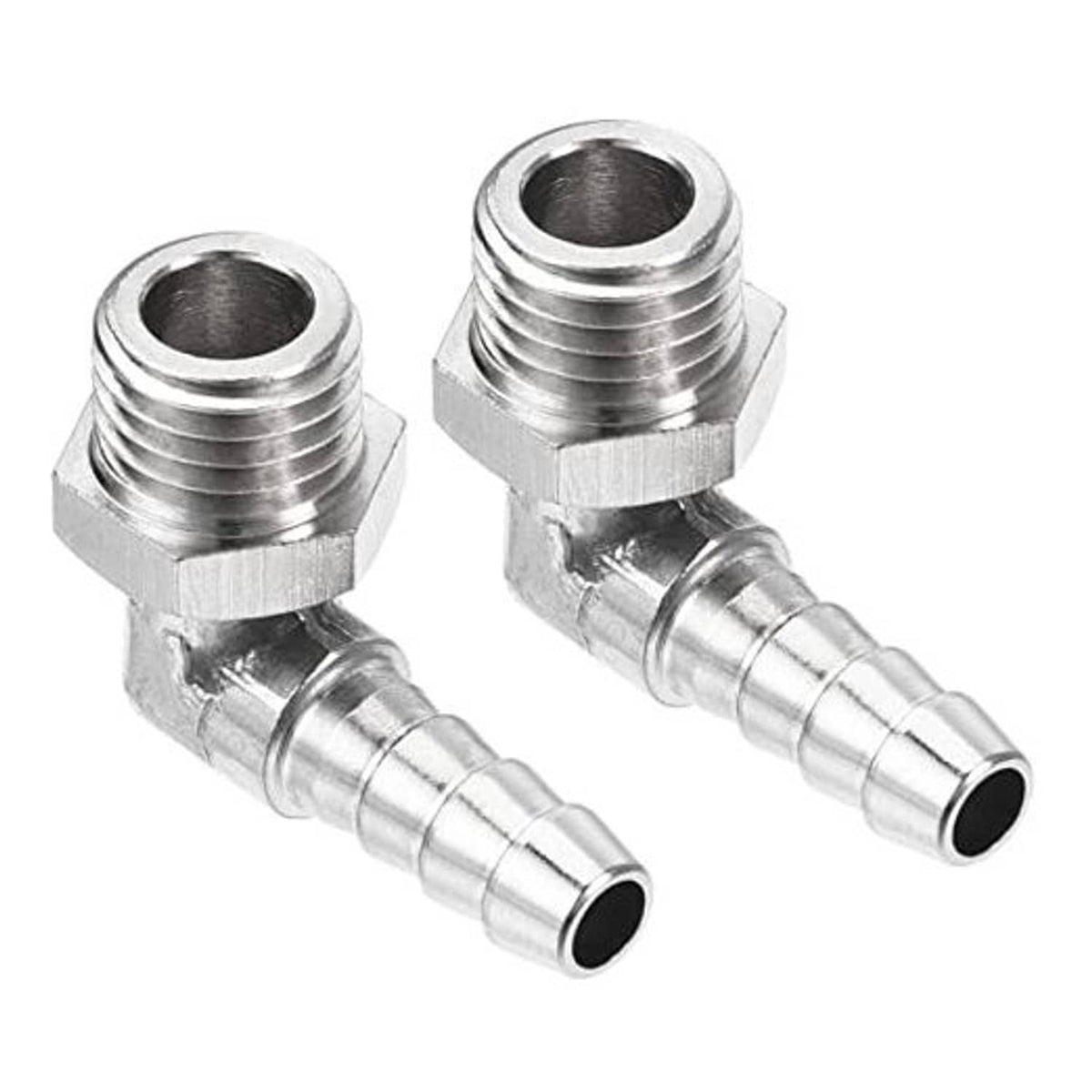 Nickel-plated 90° hose barb elbow fitting pair with barbed tube ends