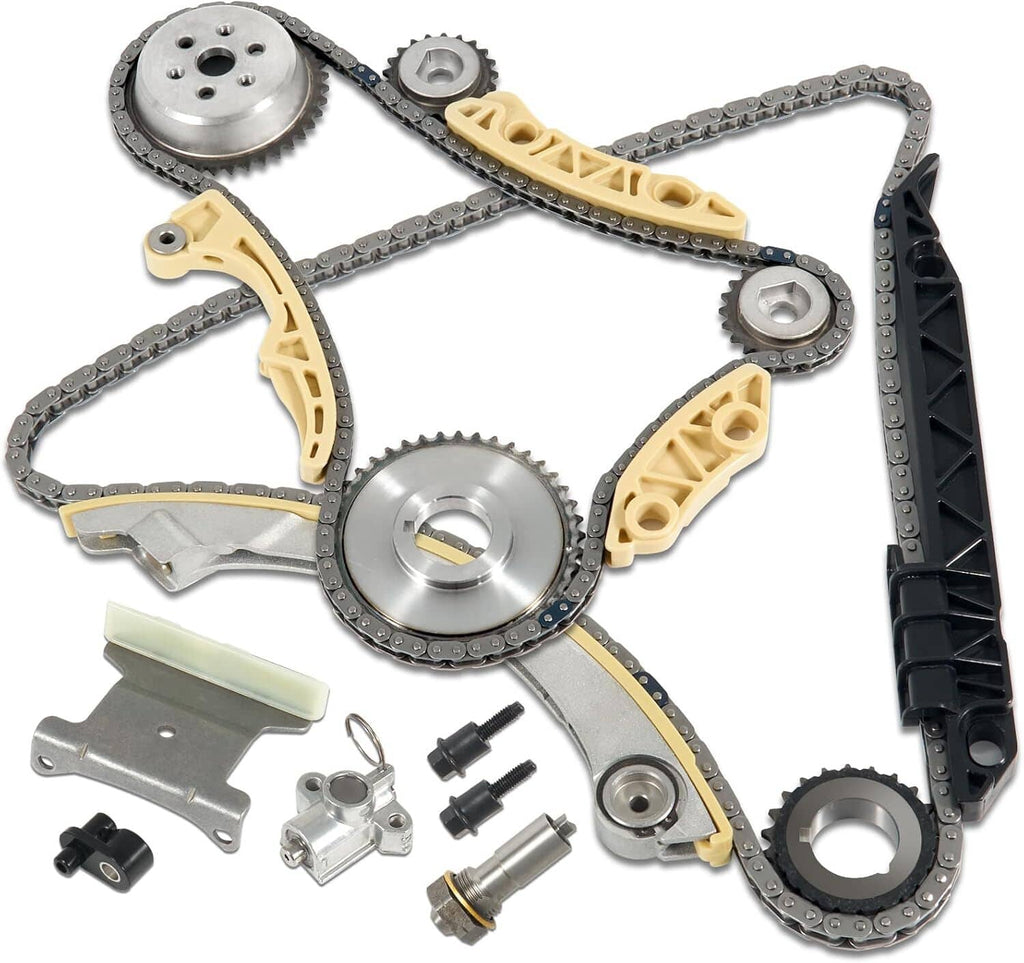 Timing chain kit set with metal sprockets, yellow guides, and roller chain assembly