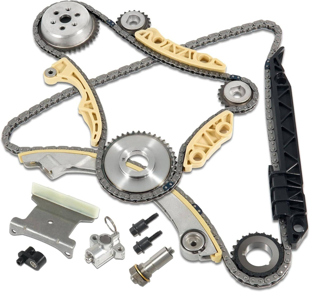 Timing chain kit set with metal sprockets, yellow guides, and roller chain assembly