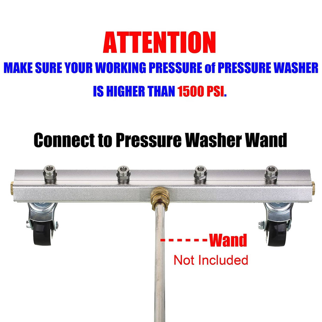Undercarriage cleaner bar with central hose connector and caster wheels; wand attachment point