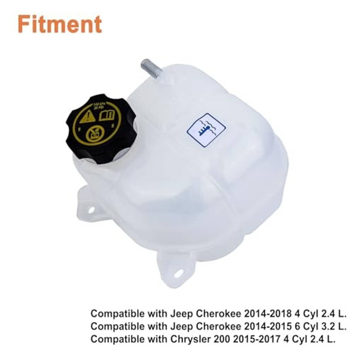 White coolant reservoir tank with black cap, metal outlet tube, and mounting brackets