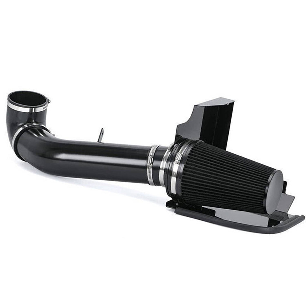 Black intake tube and cone air filter assembly with heat shield brackets