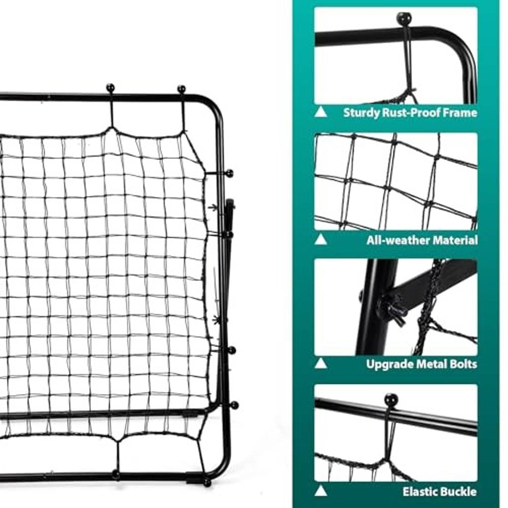Close-up rebounder net with black metal frame, white grid mesh, and elastic buckle