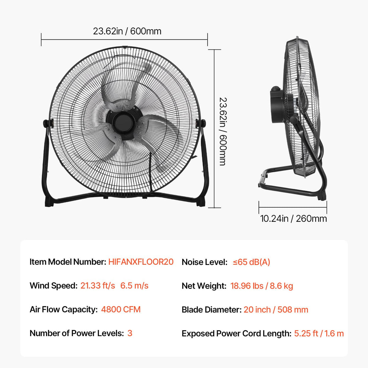 Black 20-inch floor fan with wire grille and adjustable stand legs