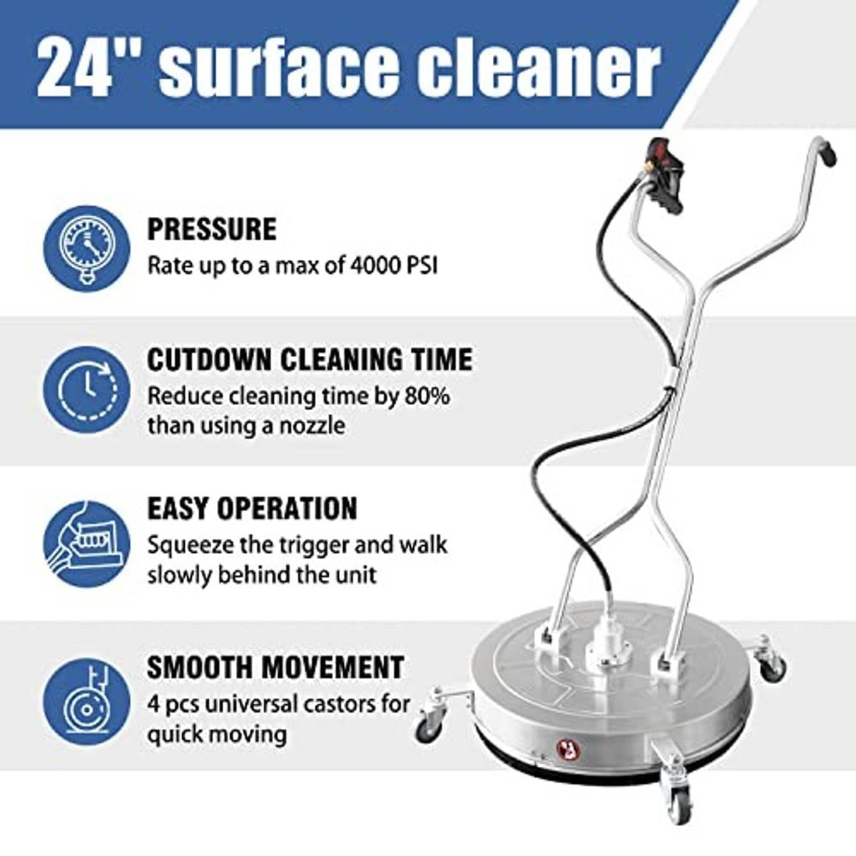 Surface cleaner unit with 24-inch cleaning head, long handle, and four caster wheels