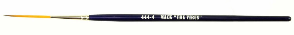 Paintbrush with navy handle and printed text, yellow bristles and gold ferrule