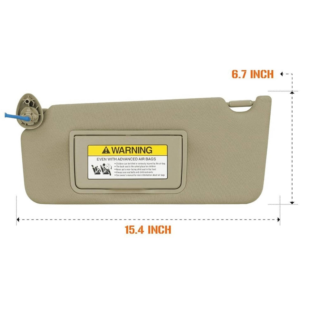 Tan car sun visor with mirror cutout, warning label, and side mounting clip