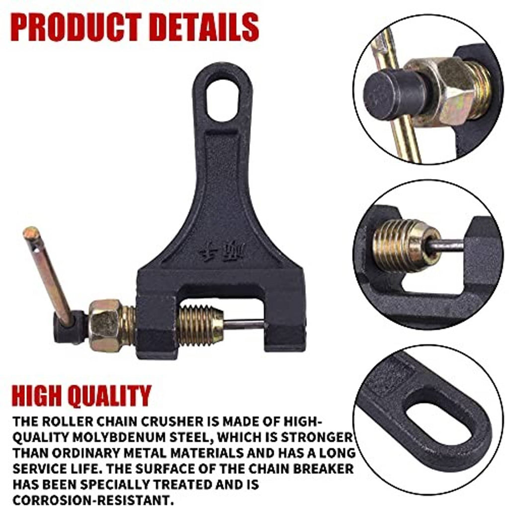 Black chain breaker tool with two steel rods and clamping screw, close-up detail