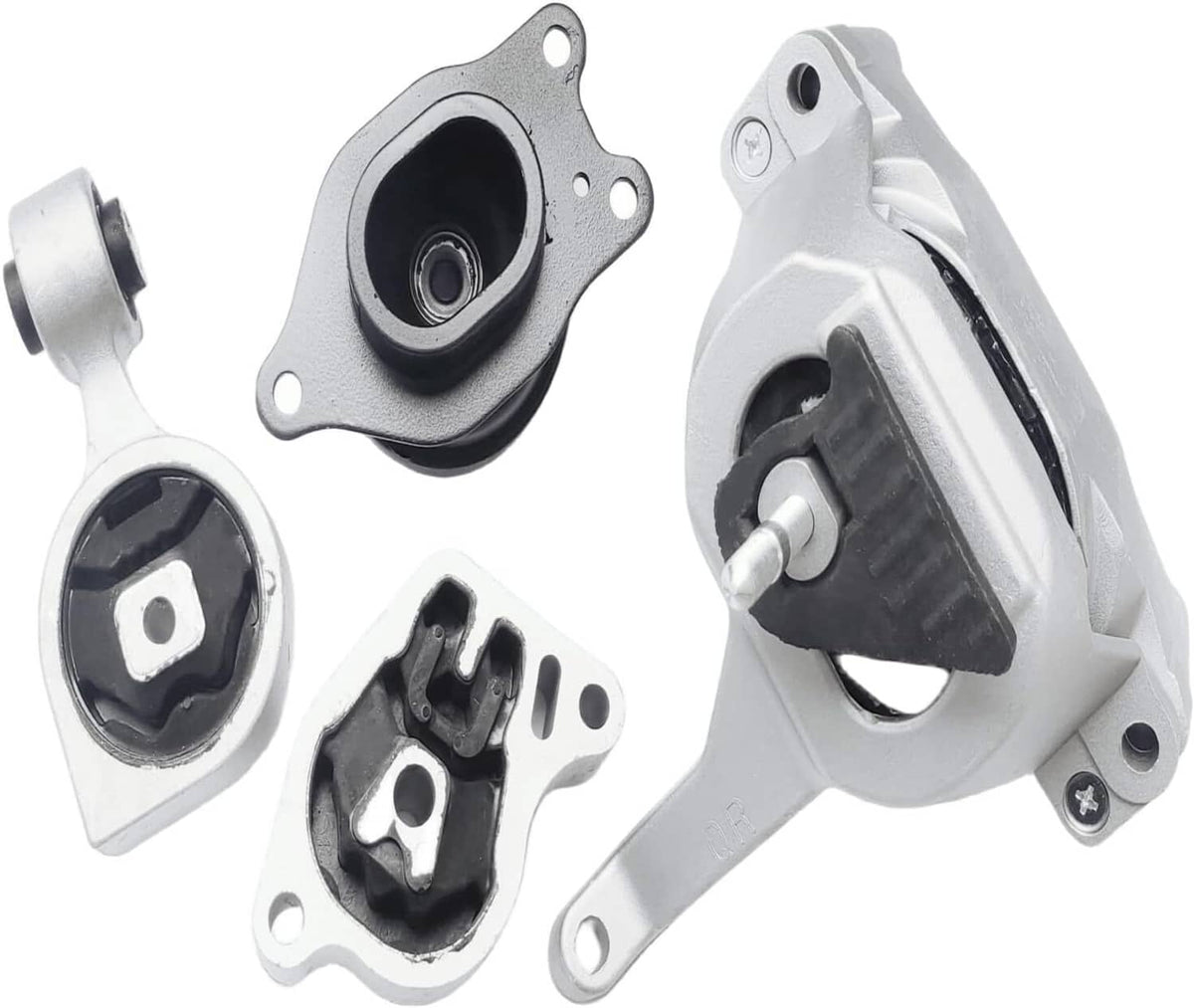 Engine mount kit components, multiple mounts with black rubber bushings and plates