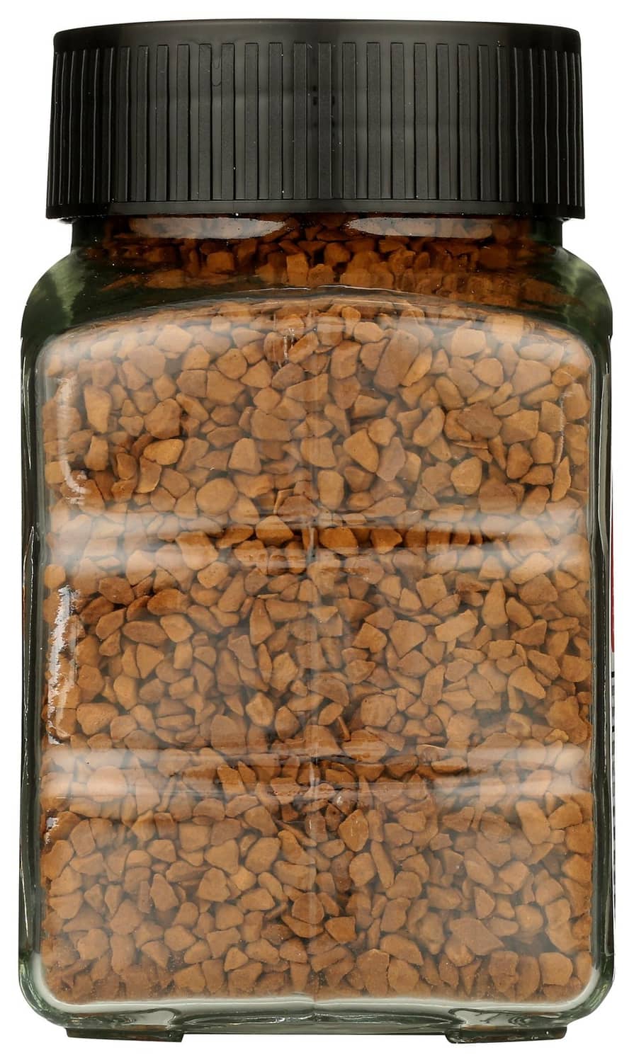Instant coffee jar with dark roast beans filling clear glass and a black ribbed lid