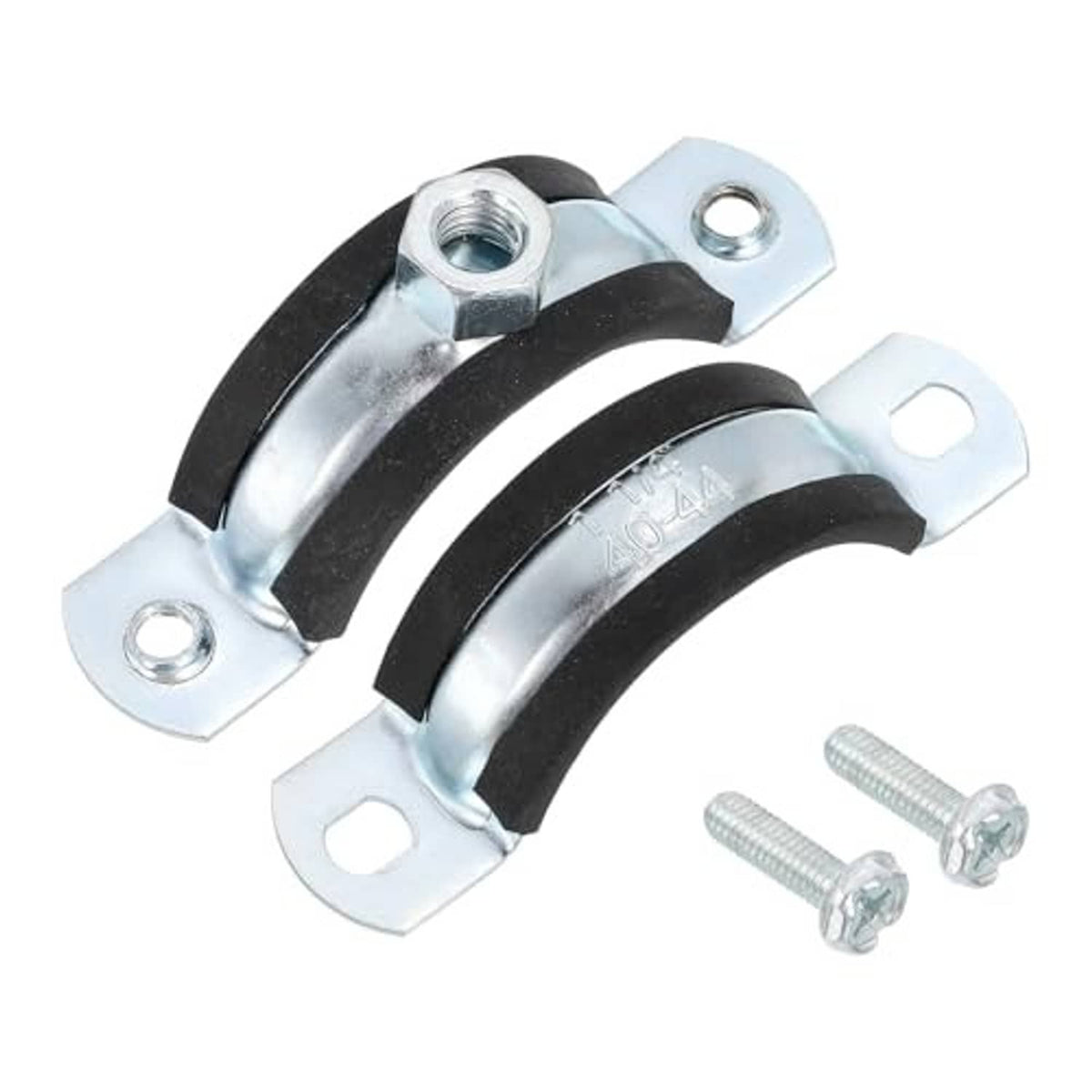 Pair of adjustable pipe bracket clamps with black rubber lining and mounting bolts