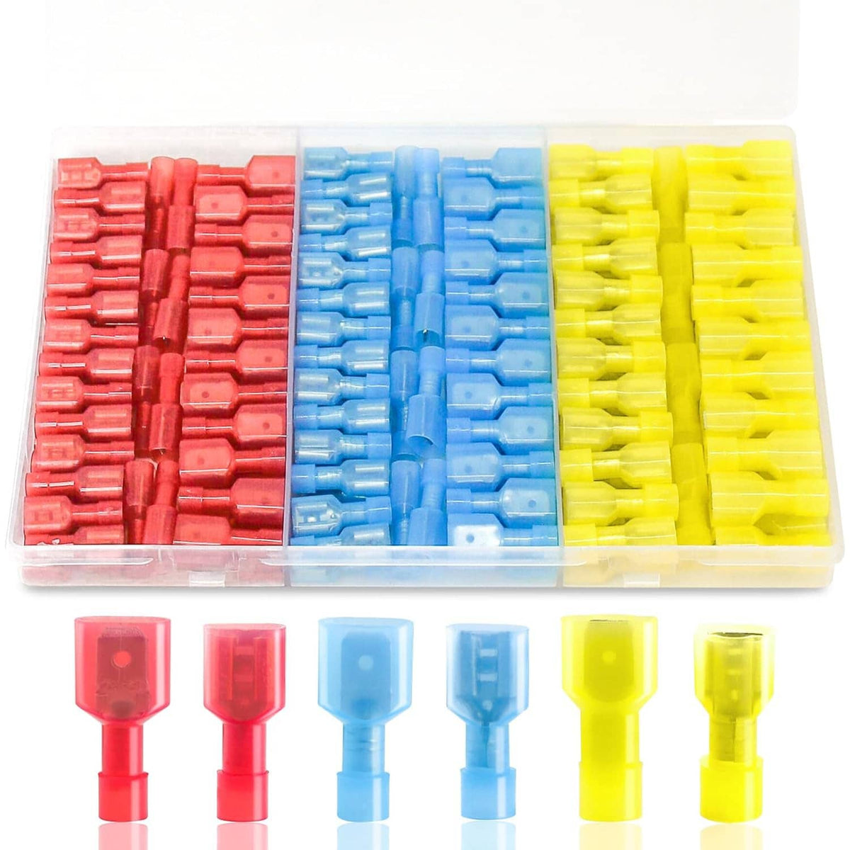 Organizer tray filled with nylon insulated spade quick disconnect connectors, multi-color