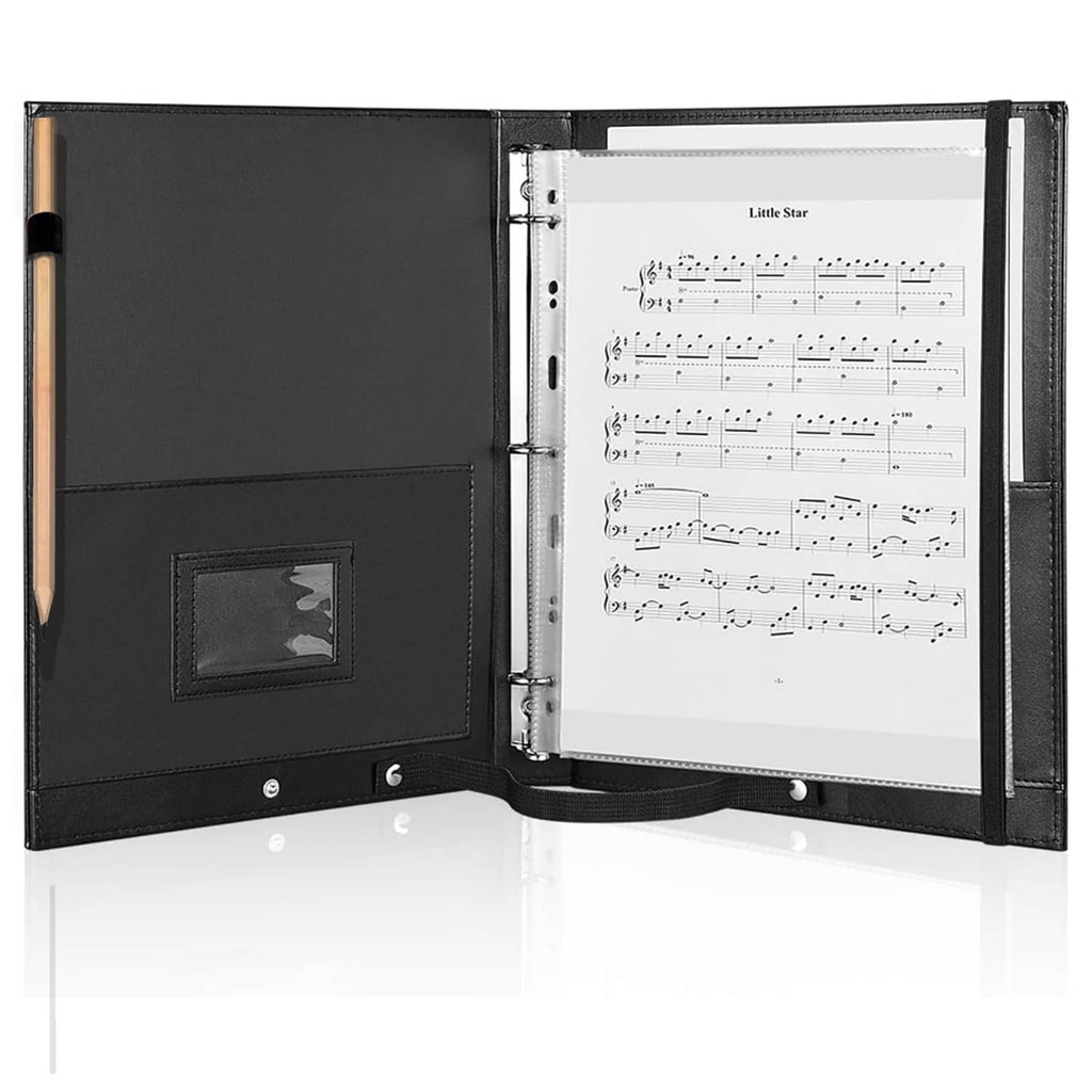 Black 3-ring choir music folder with transparent sheet pocket and interior sleeves