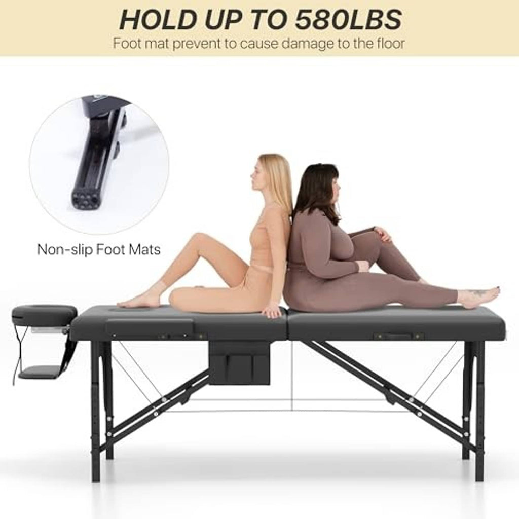 Massage table with adjustable section for client positioning and non-slip foot pads
