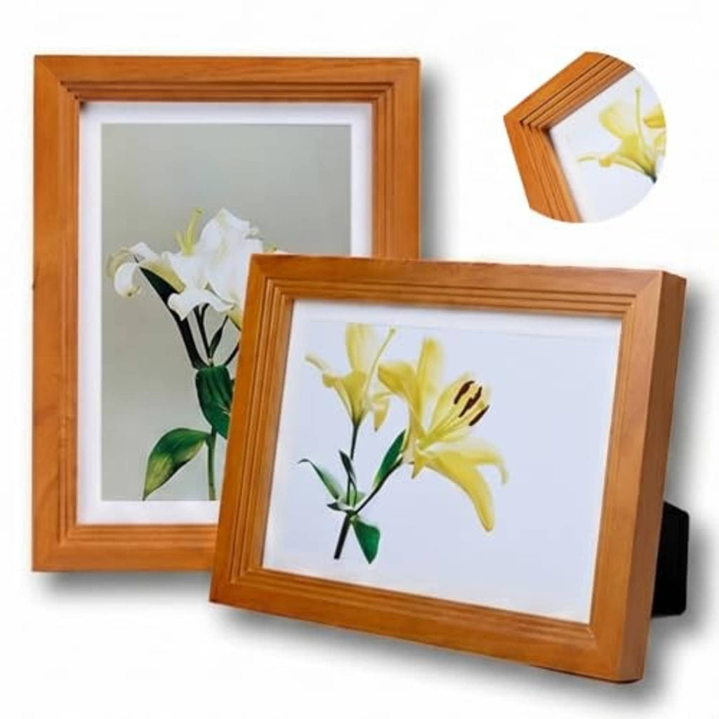 Brown wooden picture frame angled with clear glass and floral photo insert