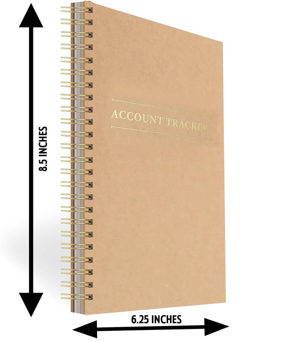 Tan spiral-bound account tracker ledger with gold spine, 6.25 inches height shown