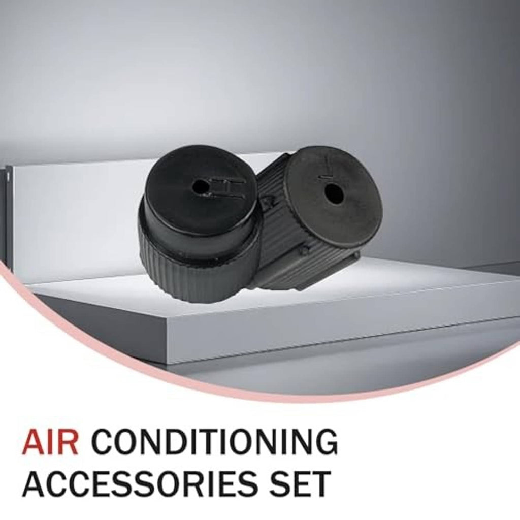 Two black A/C valve caps with ridged sides and center holes, angled together