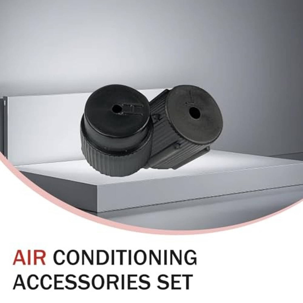 Two black A/C valve caps with ridged sides and center holes, angled together