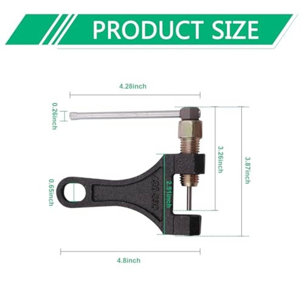 Chain breaker tool with size dimensions showing long handle and threaded plunger